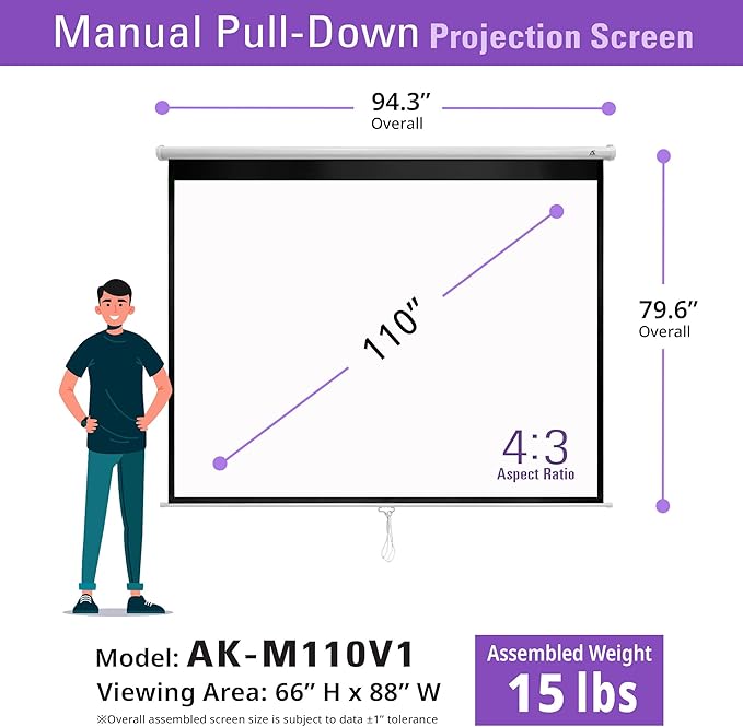 Akia Screens Retractable Projector Screen Pull Down 110 inch 4:3 8K 4K HD 3D White Projection Screen Manual B for Movie Home Theater Office Indoor Ceiling Wall Mount, AK-M110V1