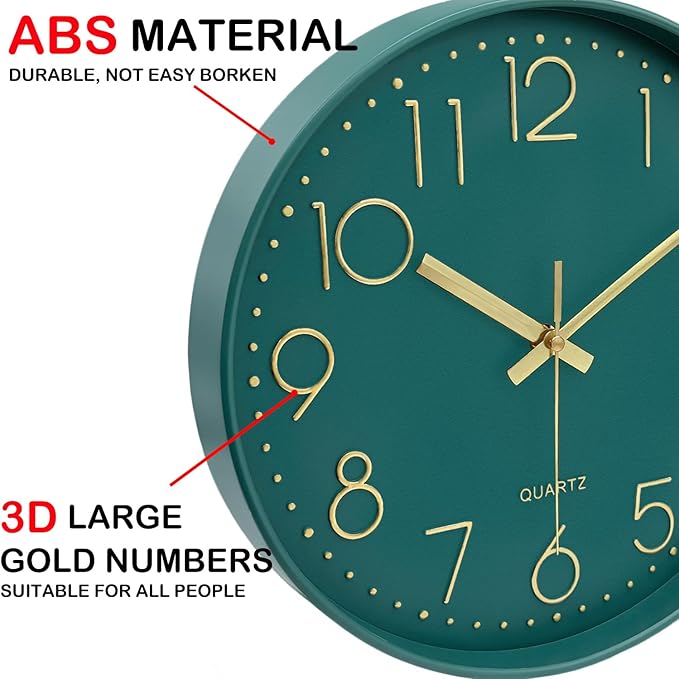 Modern Silent Wall Clock, 12 Inch Wall Clocks Battery Operated Large Number, Non-Ticking Analog Clock with Tempered Glass Quartz Clocks for Living Room Bedroom Office Kitchen, Dark Green