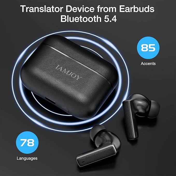 IAMJOY AI Translation Earbuds, 163 Language Two-Way Translator Device with Bluetooth and APP Built-in 6 Mics, 42dB Hybrid Noise Cancelling Language Translator Earbuds, Black