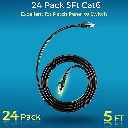 Rapink Patch Cables Cat6 5ft (24 Pack), Ethernet Patch Cable 10G Support, Cat 6 Patch Cable for Patch Panel to Switch, Flexiable Cat 6 Ethernet Cable with Gold Plated Black