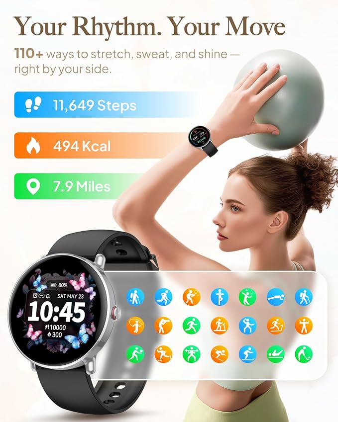 Smart Watch for Women Men, for Android iOS with Sleep & Calorie Monitor, Pedometer Fitness Tracker, Bluetooth Call, IP68 Waterproof, 112+ Sport Modes Round Face Smartwatch (Modern,Lacquer Black,1.39)