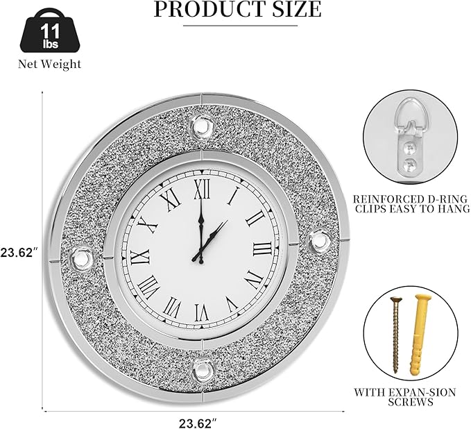 COSVALVE Mirror Wall Clock with Crystal, 24 Inch Large Silver Glass Clock for Wall Living Room, Big Decorative Wall Clock with Crushed Diamond Decor, Luxury Bling Wall Decor