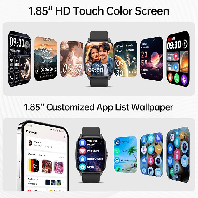 Smart Watches for Women Men with Bluetooth Call & AI Voice, 1.85" HD Fitness Tracker with Heart Rate SpO2 Sleep Monitor, 100+ Sports Modes,Mini Games, IP68 Waterproof Smartwatch for Android iOS Phones