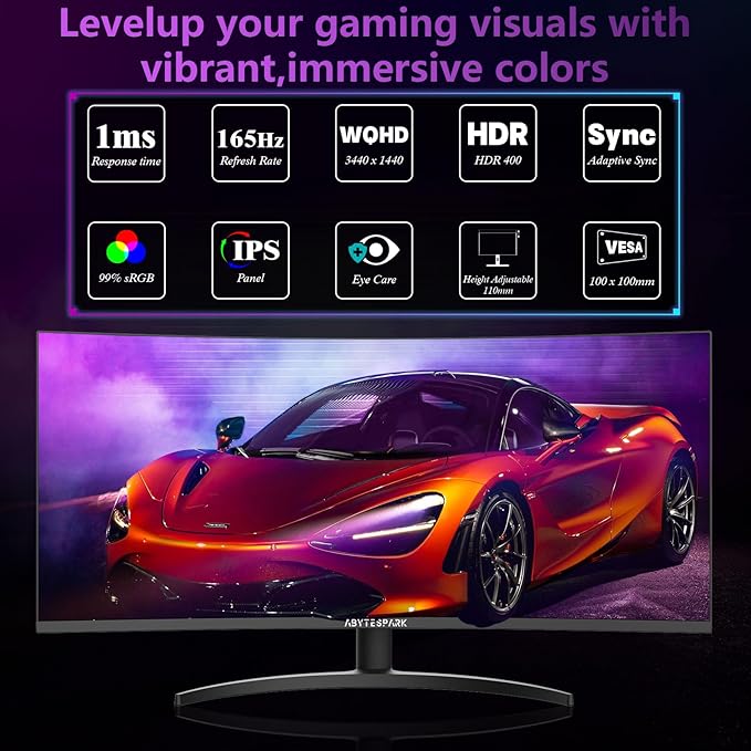 34 Inch Curved Ultra Wide WQHD 4K (3440 × 1440) Gaming Monitor, 165Hz 1500R-PIP/PBP, 1ms (MPRT), HDR400, DCI-P3 95%,FreeSync & G-Sync, 2 x DP 1.4 and 2 x HDMI 2.0, Tilt Height Adjustment