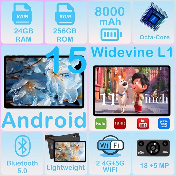 11 Inch Tablet, 2025 Android 15 Tablets with Octa Core, 24GB+256GB, 13+5MP Camera, Electronics Tablets with Widevine L1, 8000mAh Battery, 5G WiFi, GPS, HD IPS Display, 1TB Expand, BT 5.0 -Metal Black