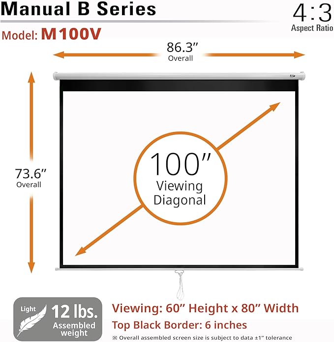 Elite Screens Manual B Series, 100-inch Diagonal 4:3, Pull Down Projection Manual Projector Screen with Auto Lock, M100V