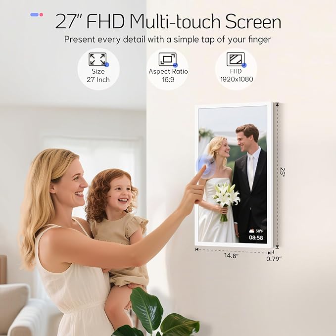 NexFoto 27 Inch Touchscreen Digital Picture Frame, FHD WiFi Photo Frame Electronic 64GB, Add Photos from Google Photos, Upload Videos via APP/USB, Gifts for Christmas/Mom/Grandparents, White