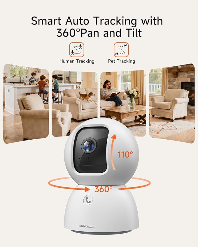 Smart 3K Indoor Dome Security Camera with AI Human/Pet/Facial Detection, 360° Pan-Tilt Coverage, 2-Way Audio, 2.4GHz 5GHz Dual-Band Wi-Fi - Includes 64GB SD Card & No Subscription Needed