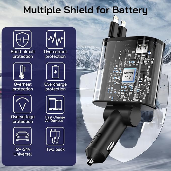 [2 Pack] Retractable Car Charger 4 in 1 Fast Car Phone Charger 69W, USB C Car Truck Accessories Adapter with 2X Retractable Phone Charger Cords and USB Port for i Phone 16/15/14/13,for Samsung S25/S24