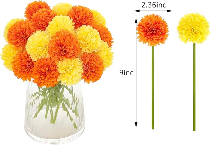Kimura's Cabin 20Pcs Fake Silk Ball Flowers Artificial Chrysanthemum Faux Mums Bouquets Wedding Arrangements Halloween Home Table DIY Center Decoration (Orange Yellow)