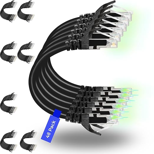 Rapink Patch Cables Cat6 0.5ft (48 Pack), Ethernet Patch Cable 10G, Cat 6 Patch Cable for Patch Panel to Switch, Flexiable Cat 6 Ethernet Cable with Gold Plated Black