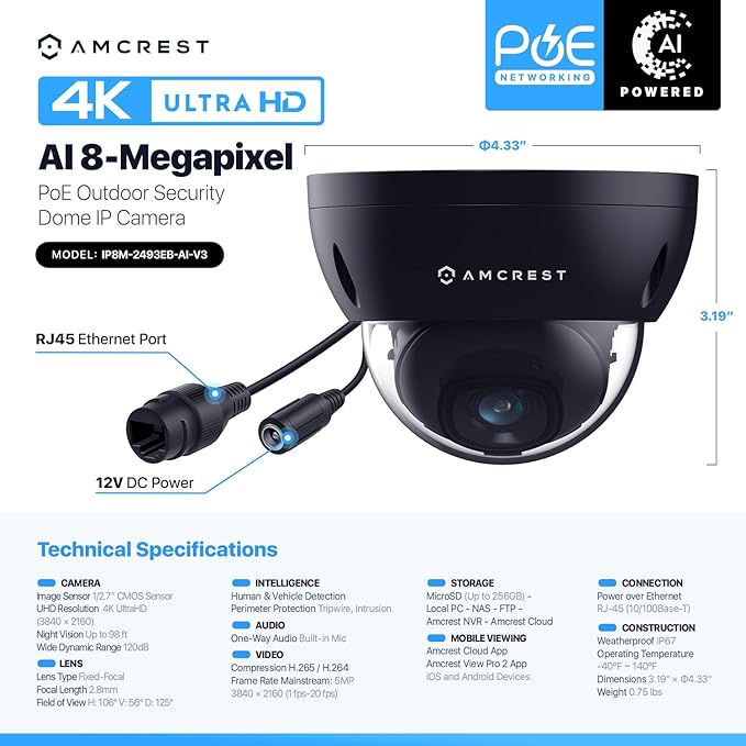 Amcrest 2-Pack UltraHD 4K (8MP) Dome POE IP Camera, 3840x2160, 98ft NightVision, 2.8mm Lens, IP67 Weatherproof, 125° FOV, 256GB MicroSD Recording Black (IP8M-2493EB-AI-V3)