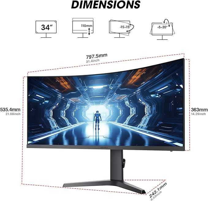 KOORUI 34-inch Curved Ultrawide WQHD 3440×1440 Gaming Monitor, 180Hz 1000R- PIP/PBP, 1ms(MPRT), HDR400, DCI-P3 95%, FreeSync Premium, 1 x DP 1.4 & 2 x HDMI 2.0, Tilt Height Swivel Adjustment, 34E6UC