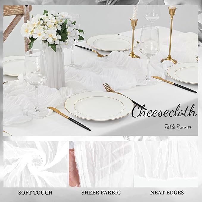 10FT 20 Pack White Cheesecloth Table Runner 20 x 120 Inch Long Rustic Gauze Cheese Cloth Table Runner for Wedding Bridal Baby Shower Table Decorations Boho Fabric Sheer Birthday Party Table Decor