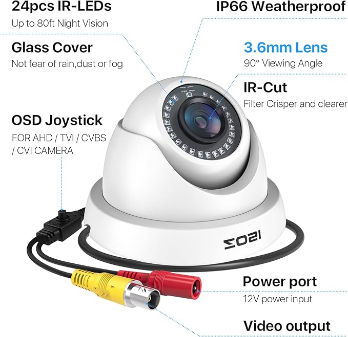 ZOSI 2.0MP HD 1080P 1920TVL Hybrid 4-in-1 TVI CVI AHD 960H CVBS CCTV Dome Security Camera Indoor Outdoor, 80ft Night Vision, IP66 Weatherproof for HD-TVI, AHD, CVI and CVBS/960H Analog DVR(White)
