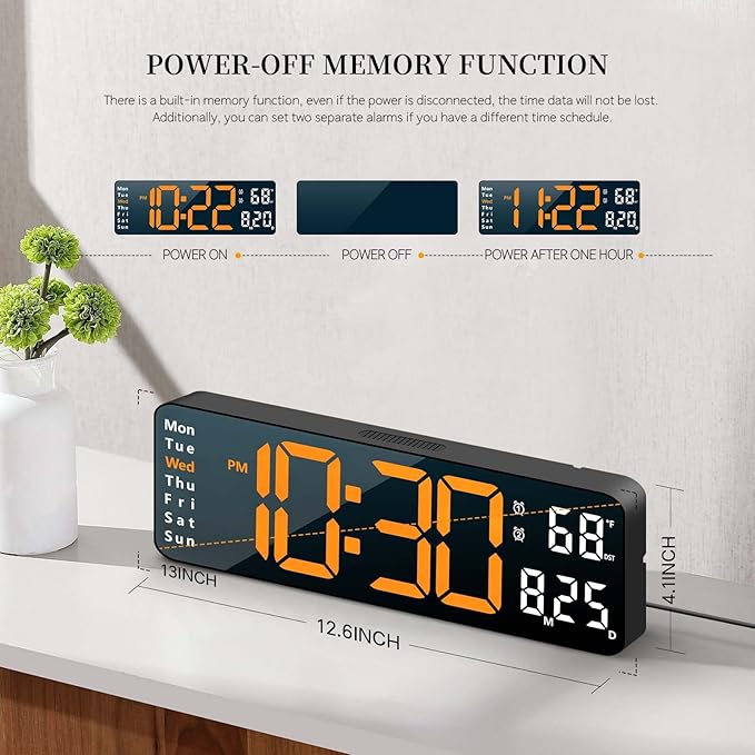 Abovsare Digital Wall Clock for Living Room Decor, Desk Alarm Clock for Bedroom, Large Wall Clock with Remote Control, Automatic Brightness Dimmer LED Clock with Date Temperature Week (Orange-B)