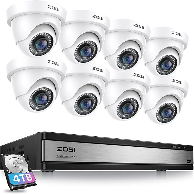 ZOSI H.265+ 16 Channel Security Camera System 1080p,16CH CCTV DVR, 8 x 1080p Indoor Outdoor Dome Camera, Human Vehicle Detect, 80ft Night Vision, 105° View Angle, Remote Control, Alert Push, 4TB HDD