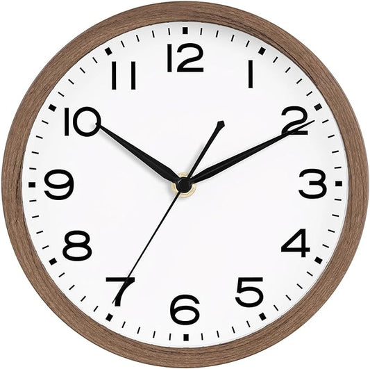 AKCISOT Wall Clock, Modern Small Wall Clocks Battery Operated 10 Inch, Silent Non-Ticking Analog Classic for Office, Home, Bathroom, Kitchen, Bedroom, School(Walnut Grain)