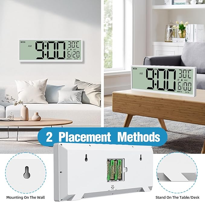 XREXS 14.5" Digital Wall Clock Battery Operated with Big Digits LCD Screen Display, Large Display Timer with Temperature Date Week Auto DST, Alarm Clock for Classroom, Livingroom, Office