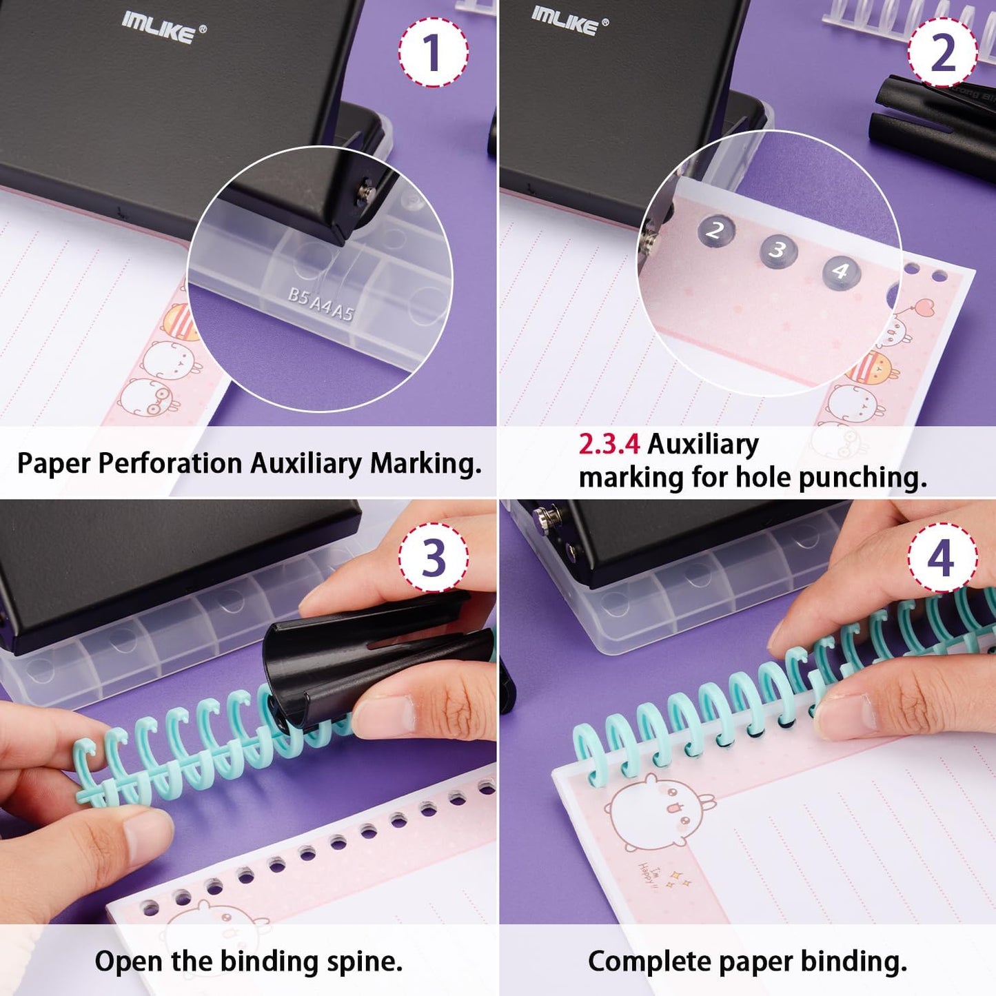 IMLIKE 10-Hole Binding Machine for Planners - Metal Manual Binding System with 10 Multi-Color 30-Hole Loose Leaf Binding Spines - Punches 26 Holes on B5, 30 Holes on A4, 20 Holes on A5 Paper - Black