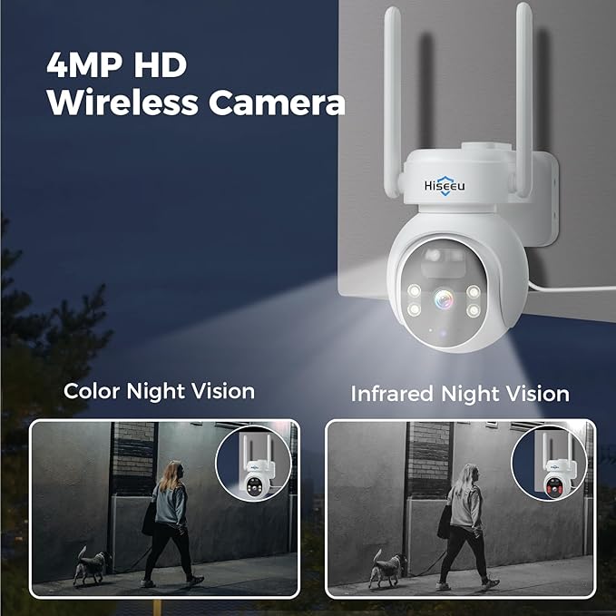 Hiseeu Solar Camera, 4MP 100% Wireless WiFi Camera Outdoor, Humanoid Detection, PTZ 360° View, Color Night Vision, IP66 Waterproof, 2-Way Audio, 2.4G WiFi, Compatible with NVR, No Monthly Fee, 2PCS