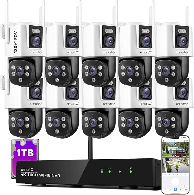 [2-in-1 CAM*10] XMARTO 20-VIEW WiFi 6 Mesh Security Camera System Outdoor Wireless, 10x Dual-Lens CAM, 16CH 4K Long Range WiFi6 Surveillance NVR Kit, 4MP PTZ Home CCTV Set w. 500GB HDD, No Monthly Fee