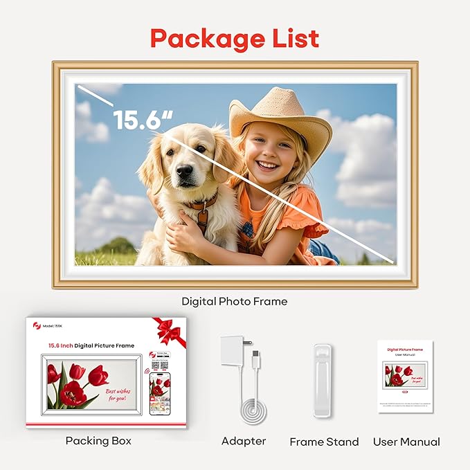 64GB Frameo 15.6" Digital Picture Frame Large 1920 x 1080 IPS FHD Touch Screen WiFi Electronic Photo Frames Share Moments Instantly Anywhere Best Gifts for Parents and Grandparents Golden White