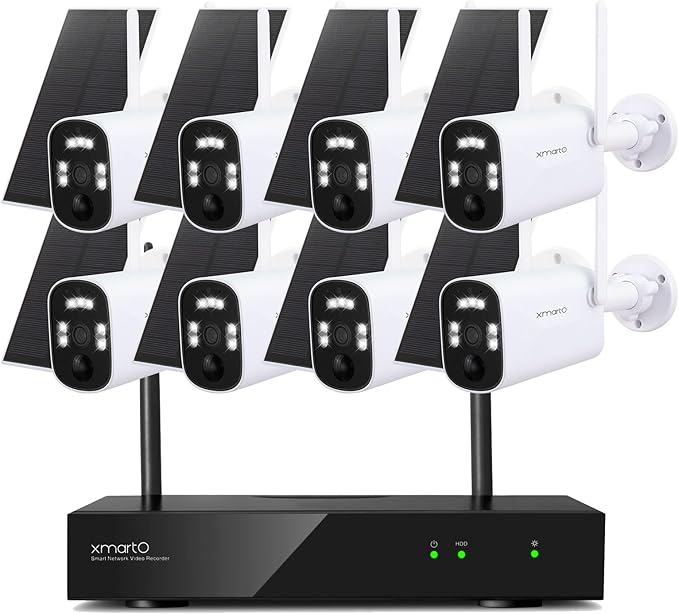 xmartO WiFi 6 Long Range Wire-Free Solar Home Security Camera System Wireless, 8-Set 4MP QHD CCTV Camera Kit with 4K 10CH Expandable WiFi NVR (Suitable for Indoors/Outdoors)