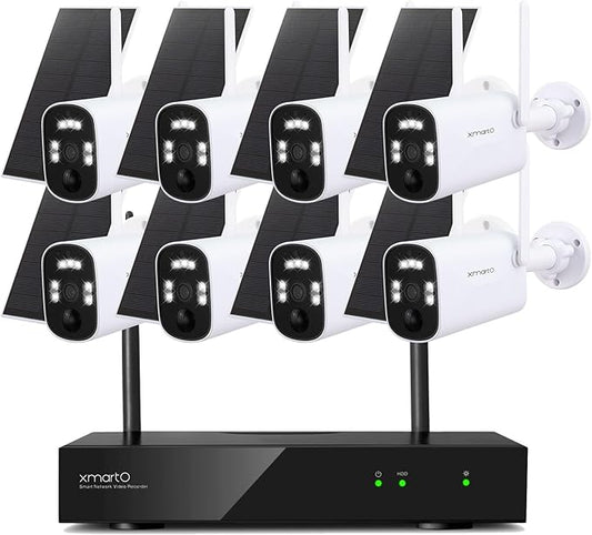 xmartO WiFi 6 Long Range Wire-Free Solar Home Security Camera System Wireless, 8-Set 4MP QHD CCTV Camera Kit with 4K 10CH Expandable WiFi NVR (Suitable for Indoors/Outdoors)
