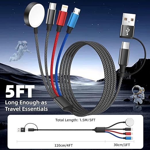 Cruise Essentials 4 in 2 Charging Cable for Apple iWatch Charger/iPhone 17/Lightning/Micro, Travel Multi Charging Cable Cord Compatible for iWatch Ultra/SE/10-1, iPhone16-6, Android, Car Accessories
