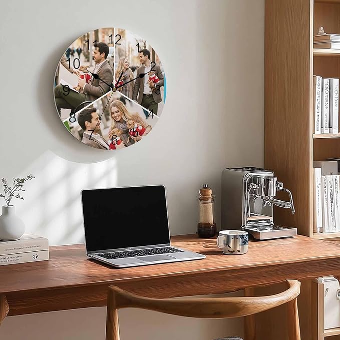 Custom 3 Photo Wall Clock, Personalized Picture Silent Wall Clock Non Ticking for Bedroom, Living Room, Kitchen, Office, Idea Gifts for Couples, Boyfriend, Girlfriend, Family (10", 12", 14")