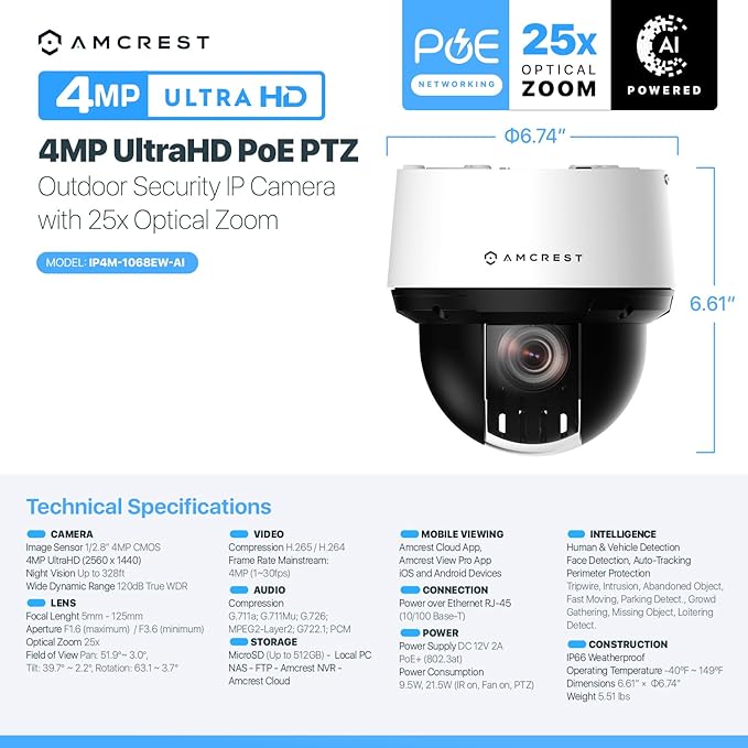 Amcrest 4MP Outdoor PTZ POE + AI IP Camera Pan Tilt Zoom (Optical 25x Motorized) Security Speed Dome, Human and Vehicle Detection, IVS, Face Detection, Auto Tracking, POE+ (802.3at) IP4M-1068EW-AI
