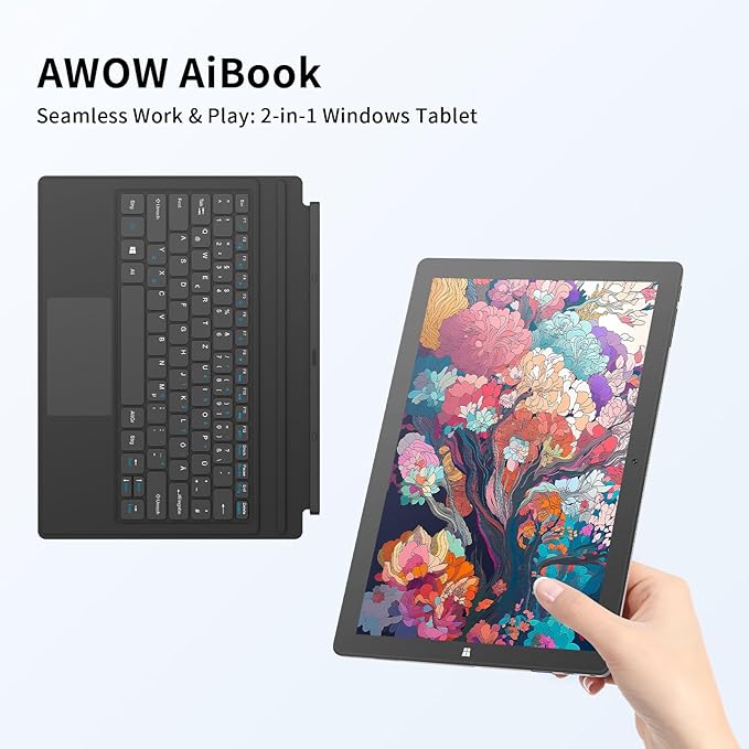 AWOW 10.1" 2-in-1 Windows Tablet with Keyboard, Intel N100 Processor, 12GB DDR5 RAM, 256GB Storage, Detachable Touchscreen Laptop, Windows 11, Dual-Band WiFi, Bluetooth, USB 3.0, HDMI, Dual Cameras