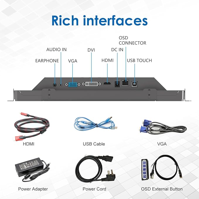 13.3 Inch 1000 Nits High Brightness 10 Points Open Frame Touch Display, Industrial PCAP Touchscreen Monitor, VGA+HDMI+DVI Port - 16:9-1920 x1080