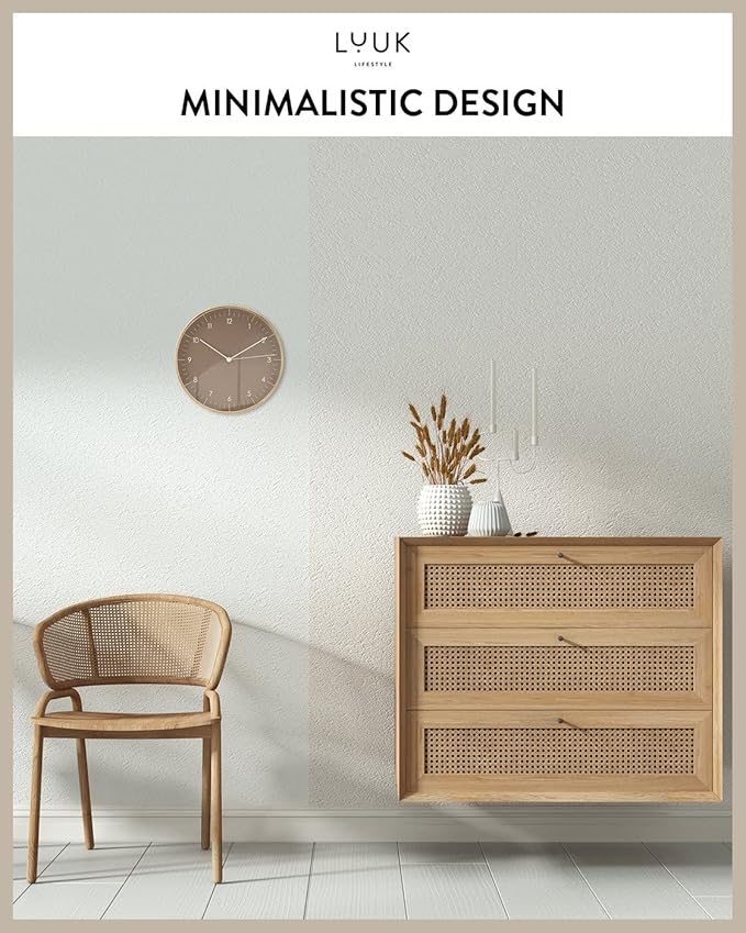 LUUK LIFESTYLE 10” Wall Clock with Silent Movement, Minimalist Scandinavian Design, Kitchen Clock, Decoration for Living Room, Bedroom, Hallway, Housewarming Present, in Brown and Gold
