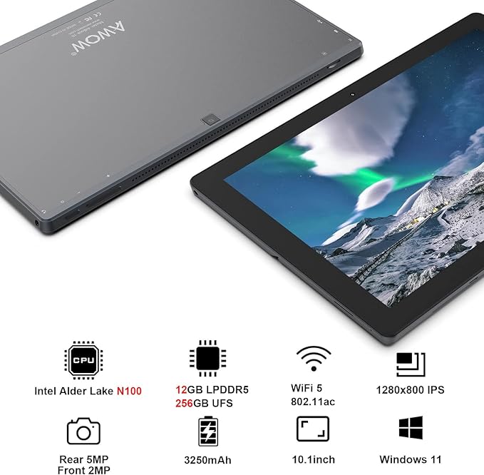 AWOW 10.1" 2-in-1 Windows Tablet with Keyboard, Intel N100 Processor, 12GB DDR5 RAM, 256GB Storage, Detachable Touchscreen Laptop, Windows 11, Dual-Band WiFi, Bluetooth, USB 3.0, HDMI, Dual Cameras