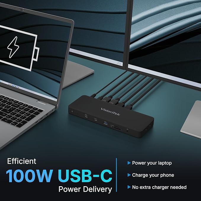 VisionTek VT8100DL Four Display Docking Station for Windows, MacOS, ChromeOS, Connect with USB-C, Thunderbolt 5/4/3, 100W Laptop Charging, 4K Displays, 2X HDMI, 2X DisplayPort, USB-A, USB-C, SD Reader