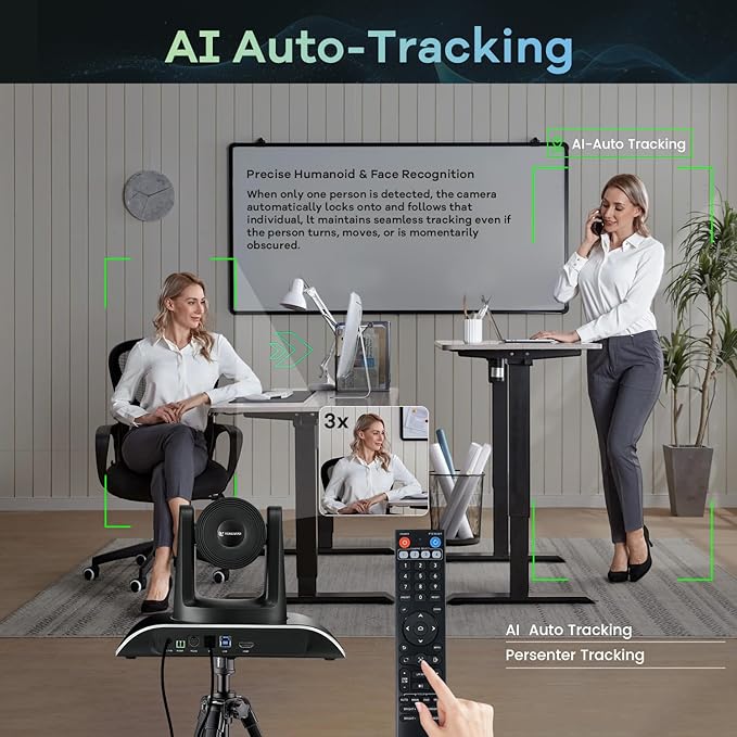 TONGVEO All-in-One Conference Room Video Camera System Al Auto-Tracking HD1080P 60fps 3X Optical Zoom USB3.0 HDMI PTZ Camera and Bluetooth Conference Speakerphone with Microphones