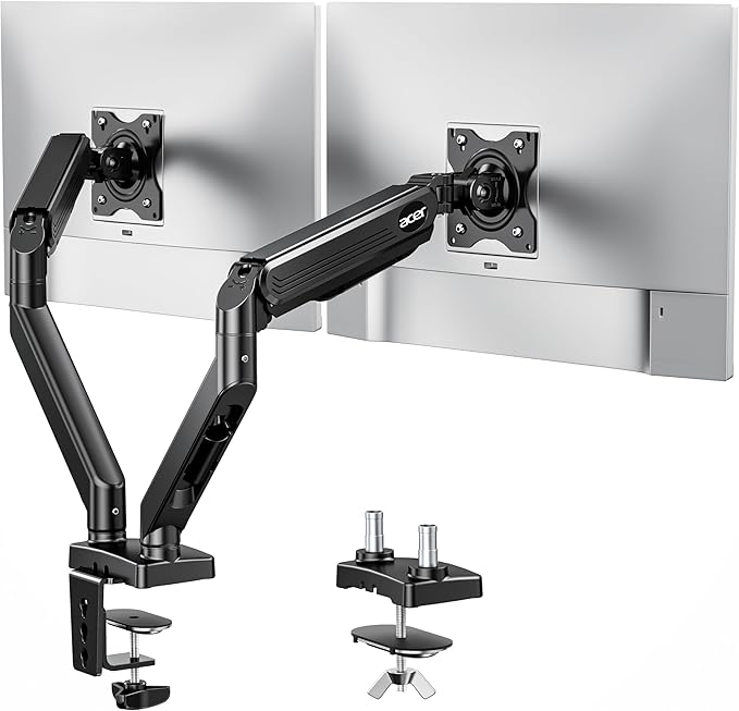 Acer Dual Monitor Arm, Computer Desk Arm with VESA Mounts for 17–32″ Screens, Fully Adjustable Gas Spring Monitor Stand, C-Clamp and Grommet Mounting Base, Fits 4.4 to 19.8lbs Computer Monitors