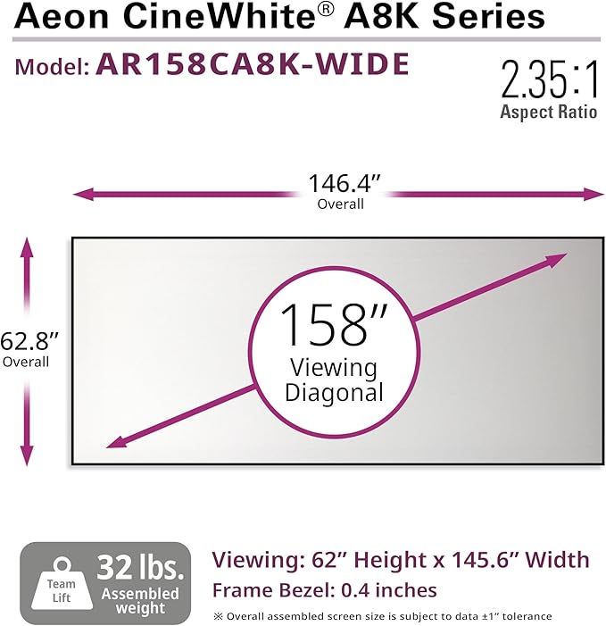 Elite Screens Aeon CineWhite A8K Wide, 158-INCH DIAG, 2.35:1 Aspect Ratio, Acoustically Transparent Perforated Weave, AR158CA8K-WIDE