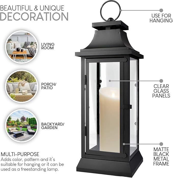 Serene Spaces Living Black Metal Hurricane Lantern with Clear Glass Panels – Hanging or Tabletop Decorative Lantern for Indoor & Outdoor – Weddings, Parties, Home Decor, 20" Tall & 7.75" Square