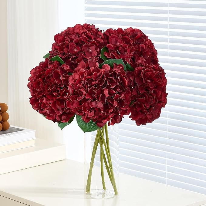 8Pcs Burgundy Fake Flowers Silk Hydrangea Artificial Flowers Bouquets Faux Hydrangea Stems for Home Table Centerpieces Wedding Party Decoration