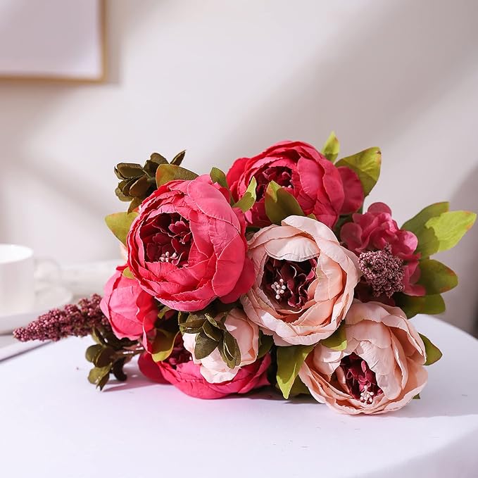 Duovlo Fake Flowers Vintage Artificial Peony Silk Flowers Wedding Home Decoration,Pack of 1 (Dark Pink)