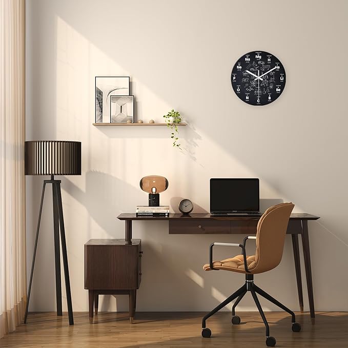 XNM Black Chemical Clock for Classroom Glass Analog Small Science Wall Clocks Battery Operated 12 Inch Round Silent Wall Clock Modern