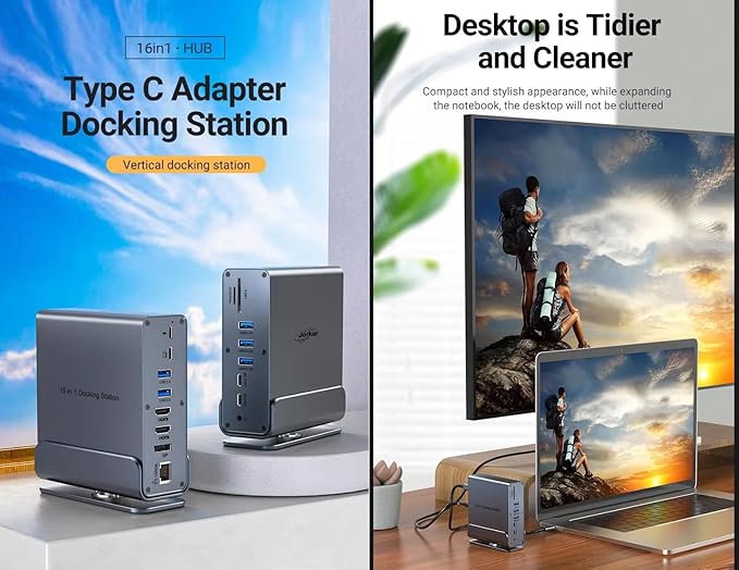 Vertical Laptop Docking Station 3 Monitors, 15-in-1 USB C Dock Station Hub Triple Display with 2X 4K HDMI & 1x DP, 10Gbps USB-C and USB-A 3.2 Data, 100W PD Charging+Ethernet+SD/TF+Audio