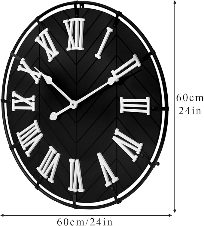 EMAX Large Wooden Wall Clock – Extra Large FarmhouseWall Clock with 3D Roman Numerals & Herringbone Splicing, Black Modern Wood Wall Clock for Living Room