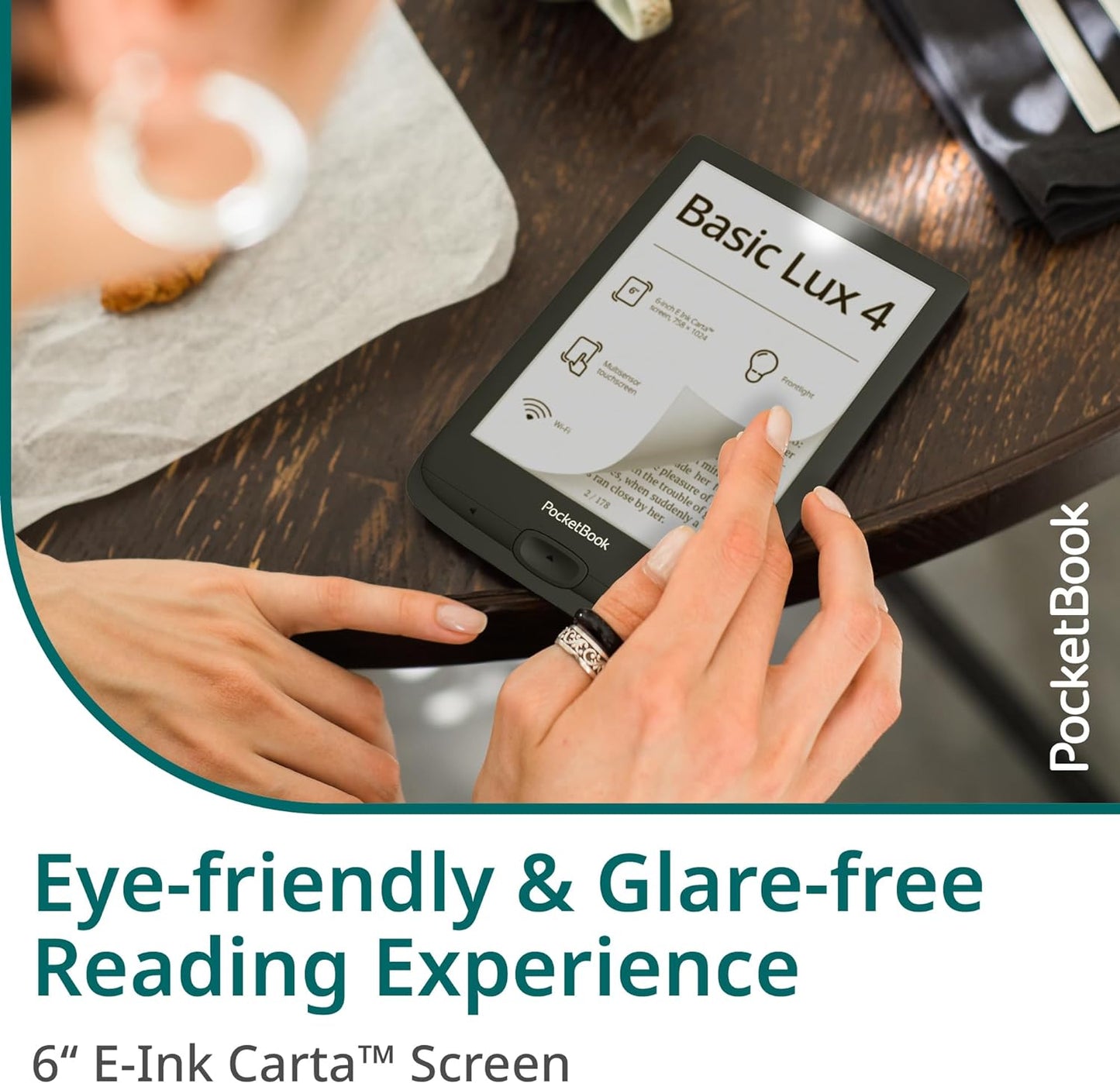 PocketBook Basic Lux 4 E-Book Reader | 6ʺ Glare-Free & Eye-Friendly E-Ink Technology | Compact & Lightweight E-Reader | Frontlight | Touchscreen | Wi-Fi | Dictionaries | Micro-SD Slot