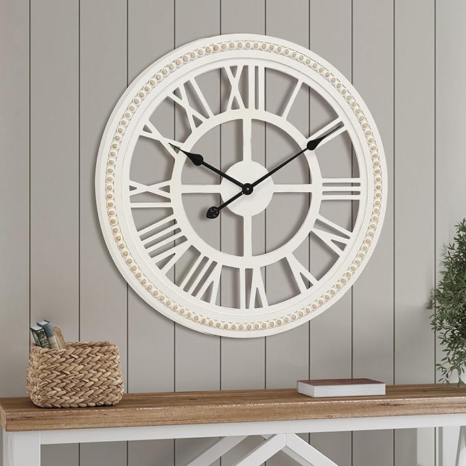 RiteSune 24 Inch Large Farmhouse Wall Clock, Rustic Wall Clock Decor, Wooden, Non-Ticking, Easy to Hang for Living Room, Bedroom, Kitchen