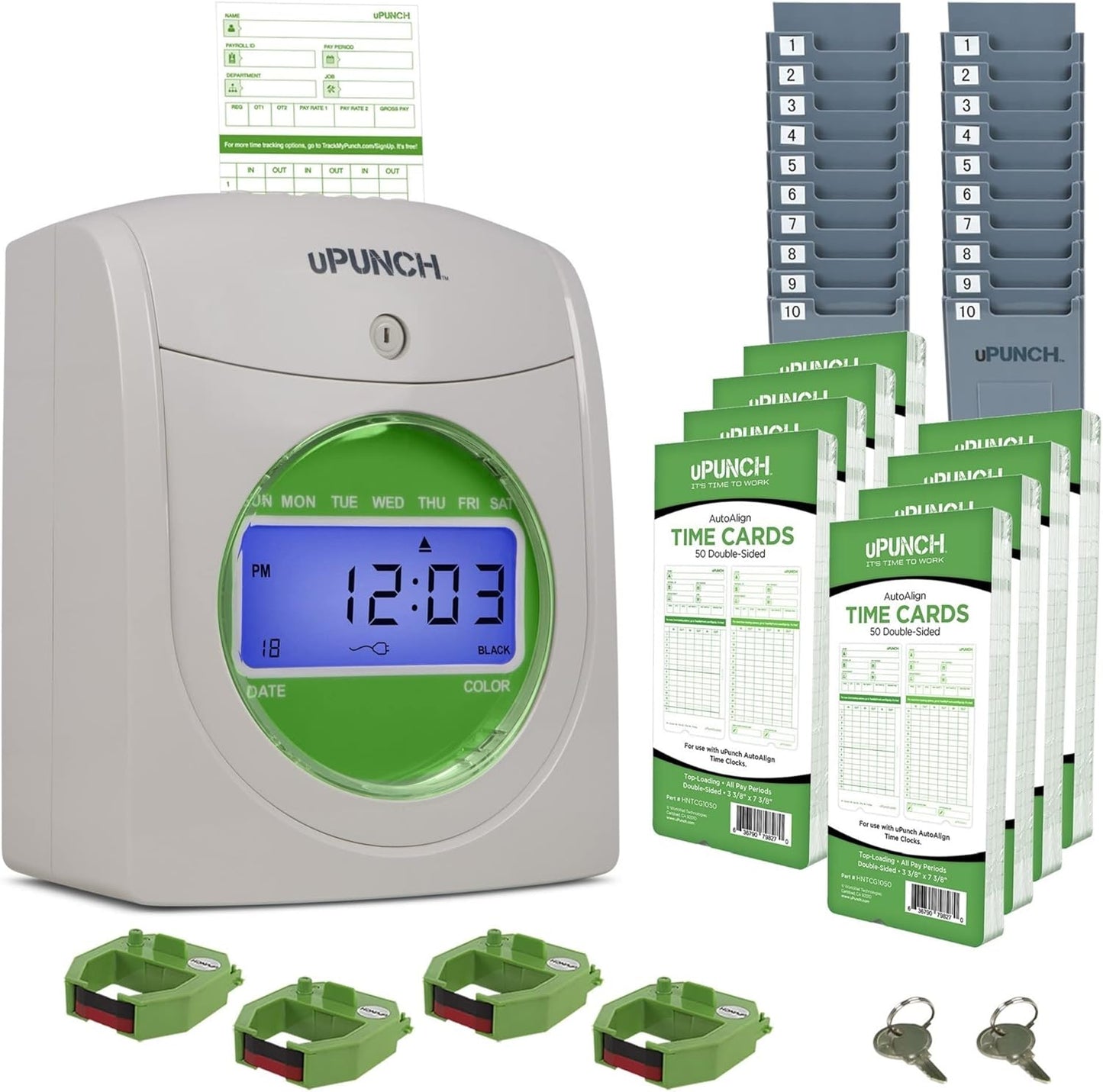 uPunch HN3540 Complete Small Business Start-Up Kit: AutoAlign Time Clock System with 400 Time Cards, 4 Ribbons, and 2 Racks