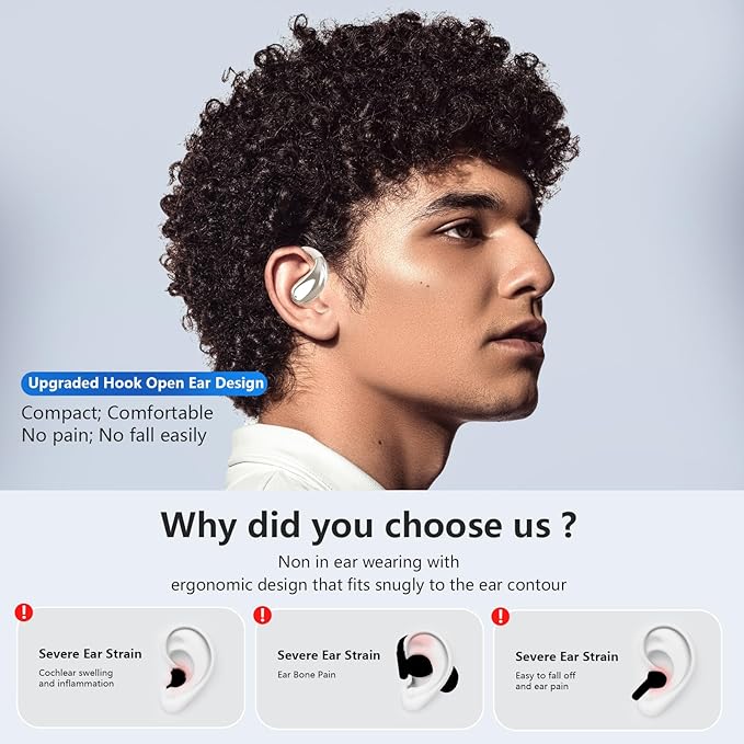 Open Ear Clip Wireless Earbuds Bone Conduction Headphones, Bluetooth 5.4, Open Ear Design, Built-in Mic, IPX7 Waterproof, LED Display Charging Case,Ear Hooks Ear Buds,Design for Running Fitness